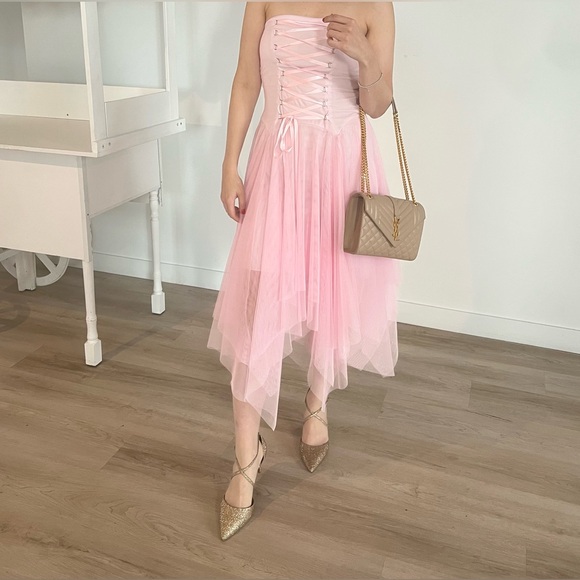 M COLLECTION Pink Tule Strapless Midi Corset Dainty Dress Women’s Size 6 - Picture 2 of 15